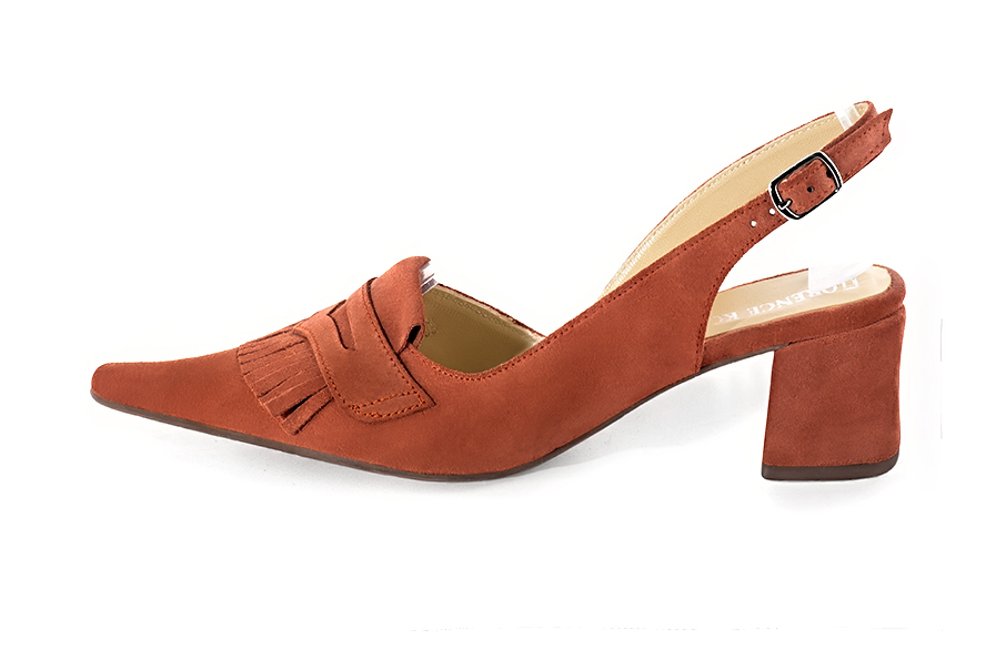 French elegance and refinement for these terracotta orange dress slingback shoes, 
                available in many subtle leather and colour combinations. Fans of originality will appreciate the fringes and the "Offbeat Rock" side.
To be personalized or not, with your materials and colors.  
                Matching clutches for parties, ceremonies and weddings.   
                You can customize these shoes to perfectly match your tastes or needs, and have a unique model.  
                Choice of leathers, colours, knots and heels. 
                Wide range of materials and shades carefully chosen.  
                Rich collection of flat, low, mid and high heels.  
                Small and large shoe sizes - Florence KOOIJMAN